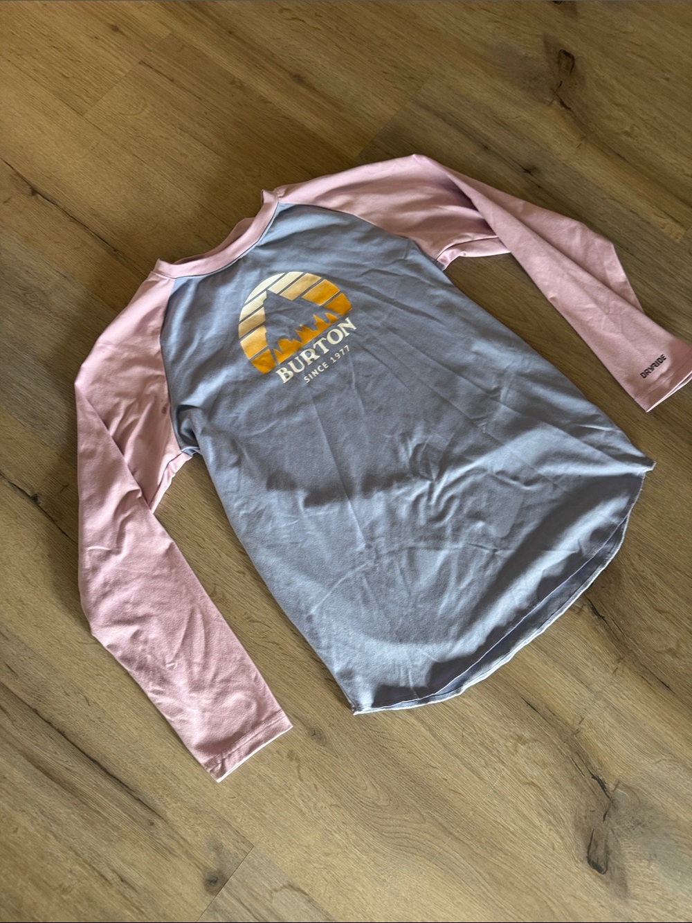 Burton Long Sleeve Raglan Tee in Pink and Gray with Mountain Logo